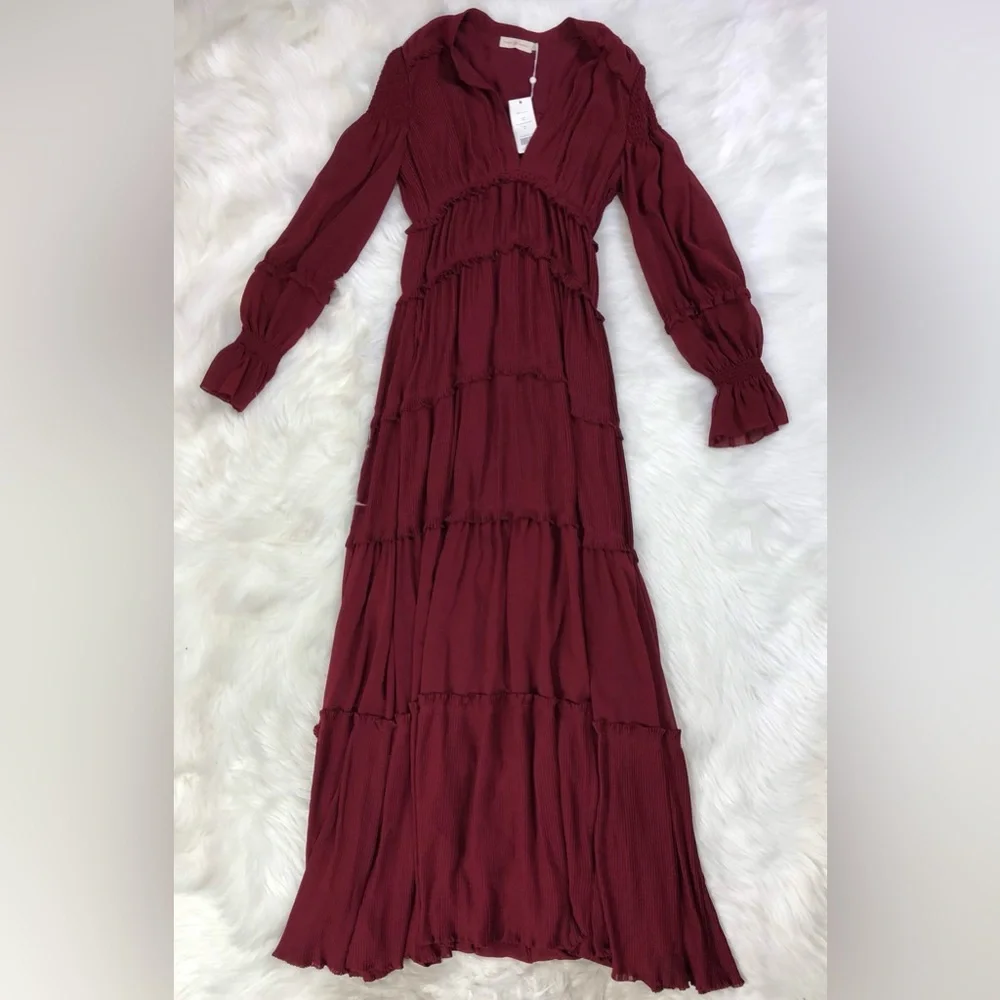 NWT $798 Tory Burch Stella Gown Red Burgundy Boho Pleated Chiffon Maxi Dress